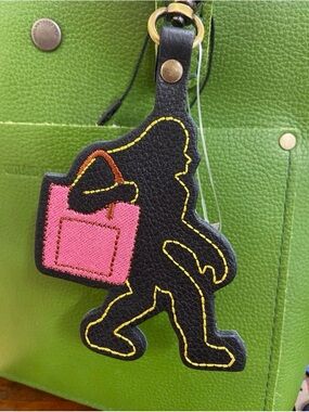 Portland Leather Black Sasquatch Keychain Charm with Pink Bag Accent - NEW